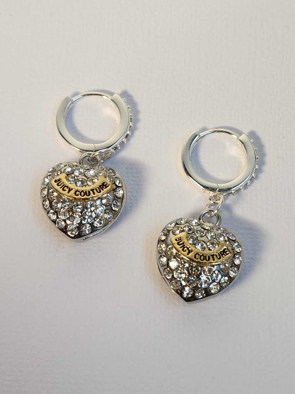 RARE Auth Y2K 925 Juicy Couture Rhinestone Heart Huggie Drop Earrings